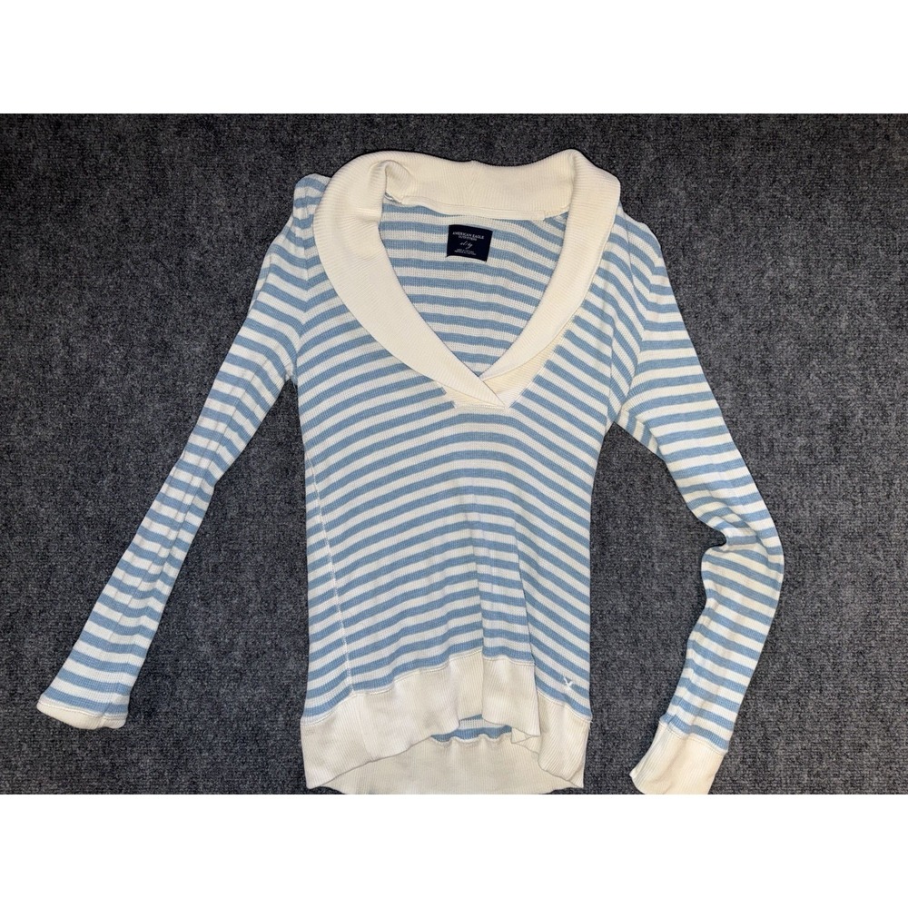 Y2K American Eagle Striped Thermal Top Blue White Fitted Long Sleeve XL